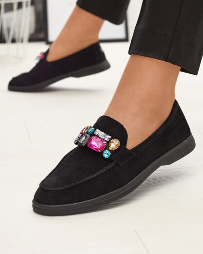 Mocasini de damă din piele de căprioară ecologică neagră cu cristale decorative Nellens- Footwear