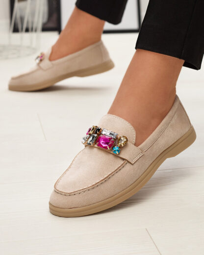 Mocasini pentru femei bej din piele de căprioară ecologică cu cristale decorative Nellens- Footwear