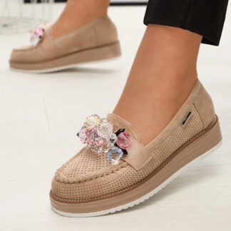 Mocasini de damă maro deschis cu cristale decorative Liscutio- Footwear