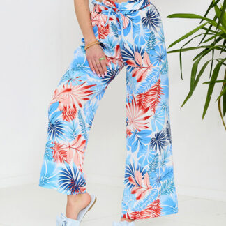 Pantaloni palazzo pentru femei albaștri cu model floral - Îmbrăcăminte