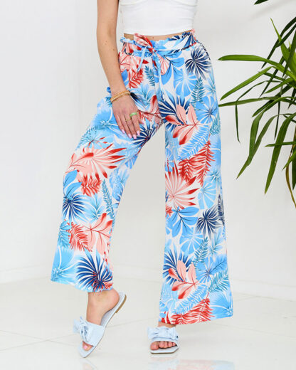 Pantaloni palazzo pentru femei albaștri cu model floral - Îmbrăcăminte