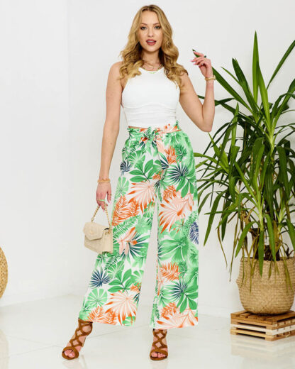 Pantaloni palazzo pentru femei verzi cu model floral - Îmbrăcăminte