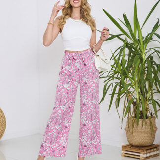 Pantaloni palazzo roz de damă cu flori albe - Îmbrăcăminte