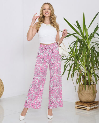 Pantaloni palazzo roz de damă cu flori albe - Îmbrăcăminte