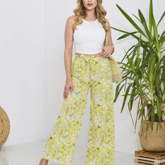 Pantaloni palazzo galben cu flori albe pentru femei - Îmbrăcăminte