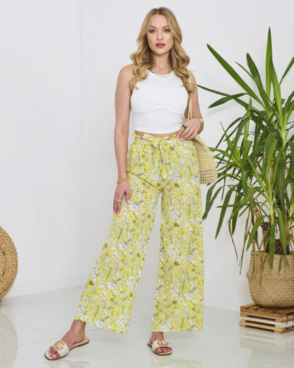 Pantaloni palazzo galben cu flori albe pentru femei - Îmbrăcăminte