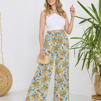 Pantaloni palazzo de damă albaștri cu flori galbene- Îmbrăcăminte