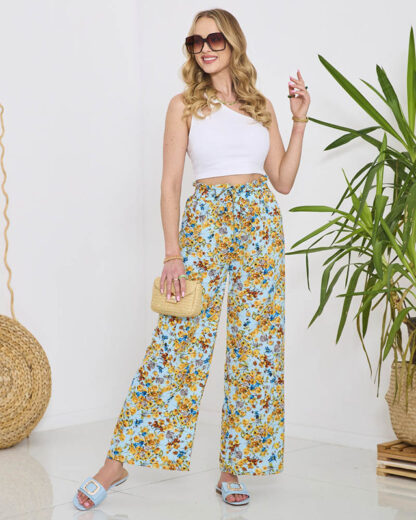 Pantaloni palazzo de damă albaștri cu flori galbene- Îmbrăcăminte