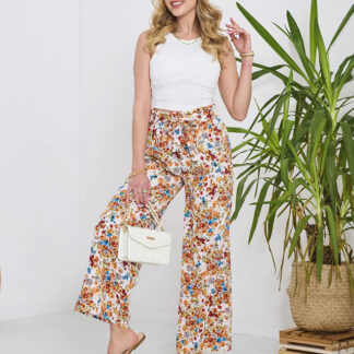 Pantaloni palazzo alb cu flori portocalii pentru femei- Îmbrăcăminte