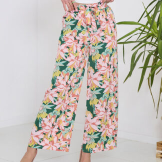 Pantaloni palazzo verzi pentru femei cu flori roz - Îmbrăcăminte