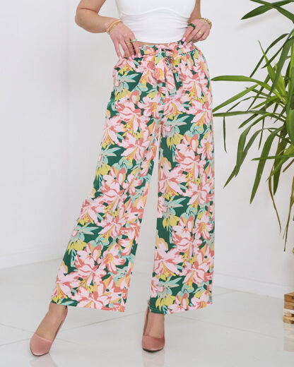 Pantaloni palazzo verzi pentru femei cu flori roz - Îmbrăcăminte