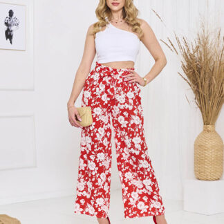 Pantaloni palazzo roșii cu flori - Îmbrăcăminte