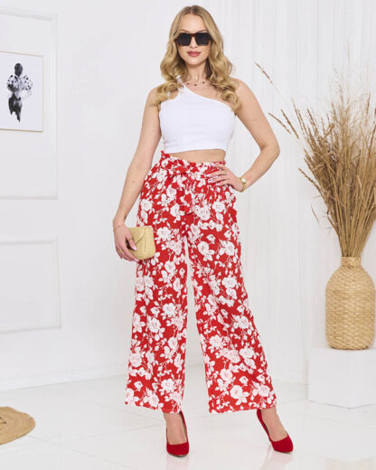 Pantaloni palazzo roșii cu flori - Îmbrăcăminte