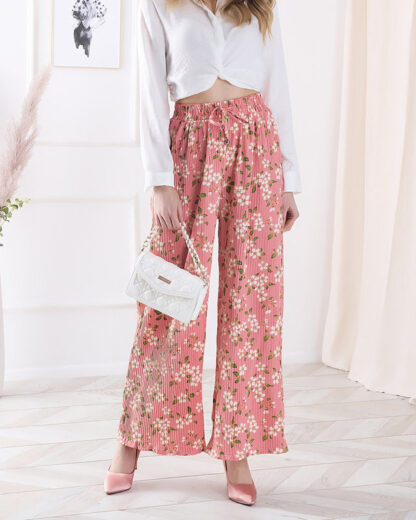 Pantaloni din țesătură florală roz pentru femei - Îmbrăcăminte