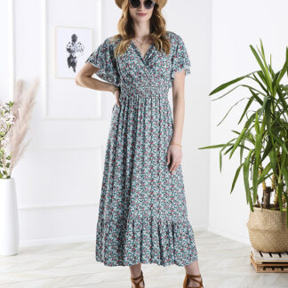 Rochie midi florală de damă, de culoare albastră- Îmbrăcăminte