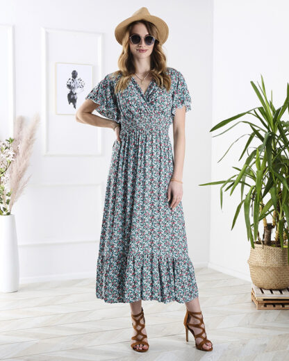 Rochie midi florală de damă, de culoare albastră- Îmbrăcăminte