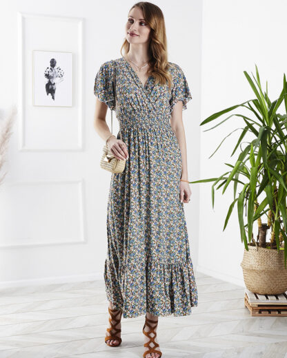 Rochie midi pentru femei cu model floral, verde- Îmbrăcăminte