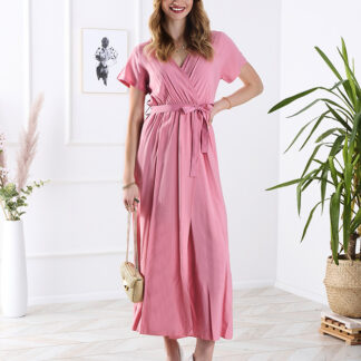 Rochie lungă roz de damă cu croială - Îmbrăcăminte