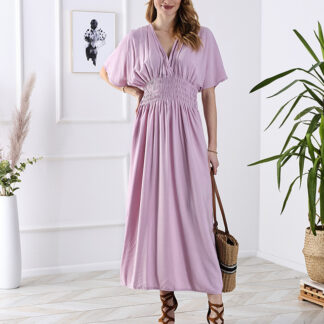 Rochie lungă de damă roz cu decolteu plic - Îmbrăcăminte