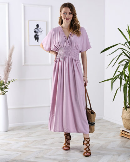 Rochie lungă de damă roz cu decolteu plic - Îmbrăcăminte