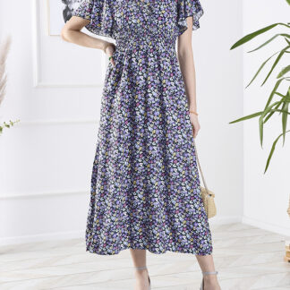 Rochie lungă de damă neagră cu flori mov - Îmbrăcăminte