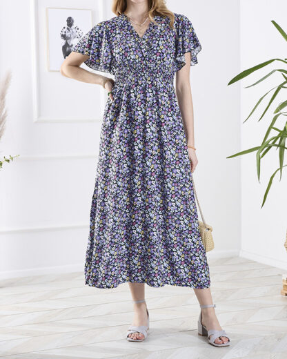 Rochie lungă de damă neagră cu flori mov - Îmbrăcăminte