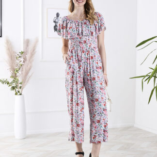 Salopetă lungă pentru femei cu model floral alb și roz - Îmbrăcăminte