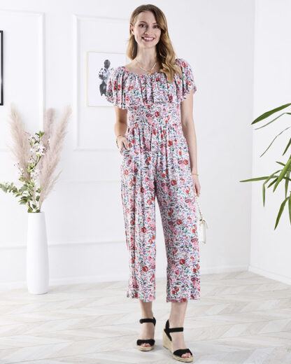 Salopetă lungă pentru femei cu model floral alb și roz - Îmbrăcăminte