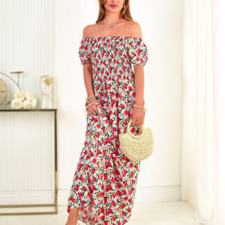 Rochie maxi pentru femei roșie și neagră cu imprimeu floral - Îmbrăcăminte