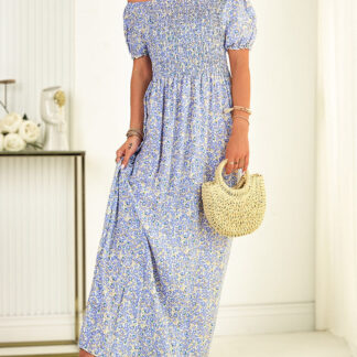 Rochie maxi de damă albastră cu imprimeu floral- Îmbrăcăminte