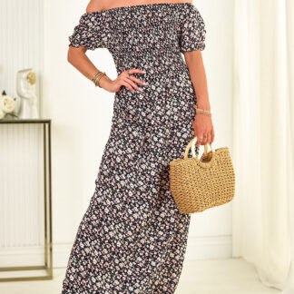 Rochie maxi de damă a'la hiszpanka cu model floral în albastru marin- Îmbrăcăminte