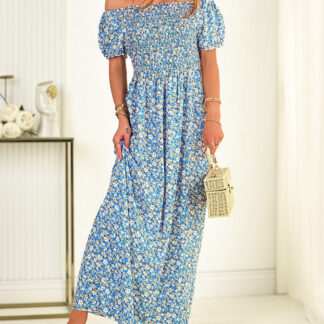 Rochie maxi de damă a'la hiszpanka cu model floral în albastru- Îmbrăcăminte