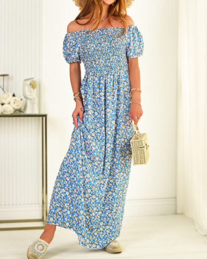 Rochie maxi de damă a'la hiszpanka cu model floral în albastru- Îmbrăcăminte