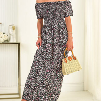 Rochie maxi de damă a'la hiszpanka cu model floral, în negru- Îmbrăcăminte