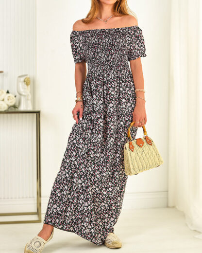 Rochie maxi de damă a'la hiszpanka cu model floral, în negru- Îmbrăcăminte