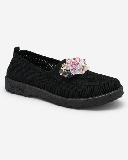 Royalfashion Mocasini negri din material textil pentru femei cu cristale Fezens