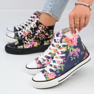 Royalfashion Adidași înalți de damă de culoare albastru marin cu imprimeu floral colorat Fahenna