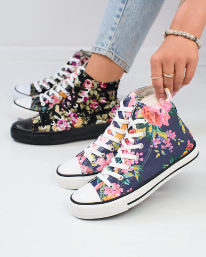Royalfashion Adidași înalți de damă de culoare albastru marin cu imprimeu floral colorat Fahenna