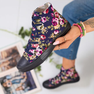 Royalfashion Adidași înalți de damă de culoare albastru marin cu flori colorate Soxic