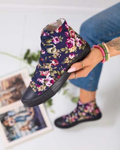 Royalfashion Adidași înalți de damă de culoare albastru marin cu flori colorate Soxic