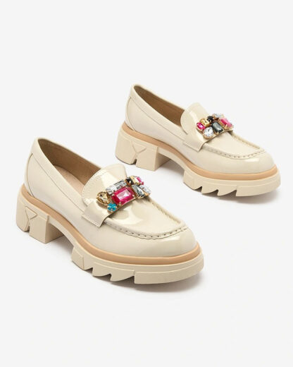 Royalfashion Mocasini crem lăcuit cu pietre colorate Sarin