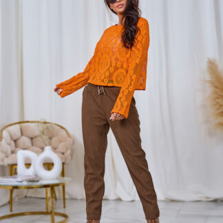Royalfashion Pantaloni din țesătură de catifea maro pentru femei