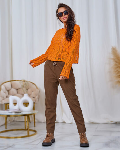 Royalfashion Pantaloni din țesătură de catifea maro pentru femei