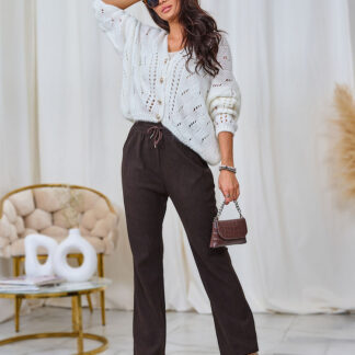 Royalfashion Pantaloni de damă din țesătură de catifea, maro închis