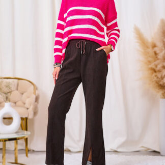 Royalfashion Pantaloni din stofă de catifea maro închis pentru femei