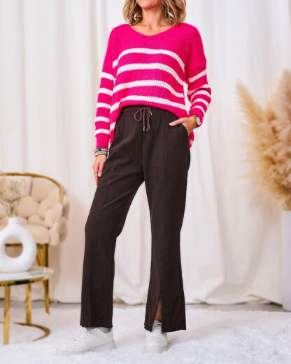 Royalfashion Pantaloni din stofă de catifea maro închis pentru femei