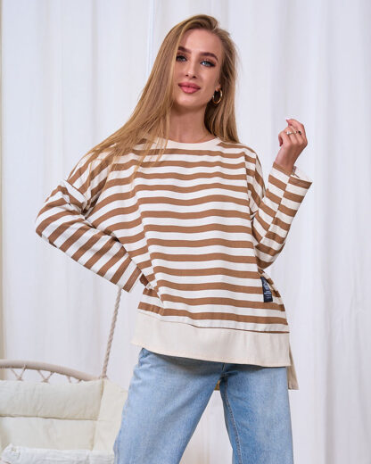 Royalfashion Bluză lungă pentru femei cu dungi maro
