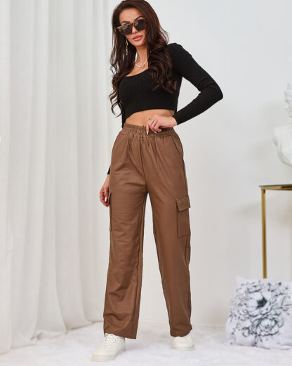 Royalfashion Pantaloni de luptă pentru femei maro din piele ecologică