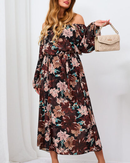 Royalfashion Rochie maxi florală neagră și maro pentru femei