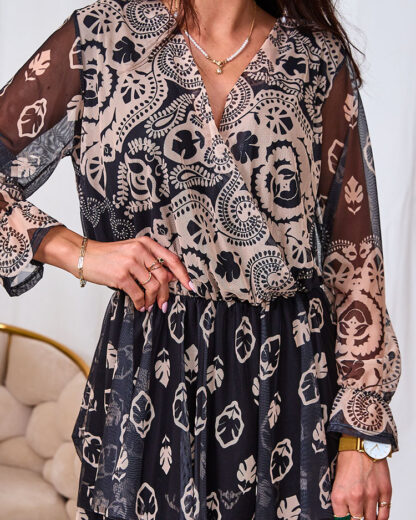 Royalfashion Rochie midi din plasă neagră și bej cu imprimeu